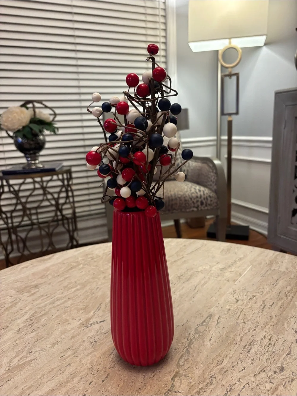 Red Ribbed Vase with Patriotic Red, White & Navy Berry Stems